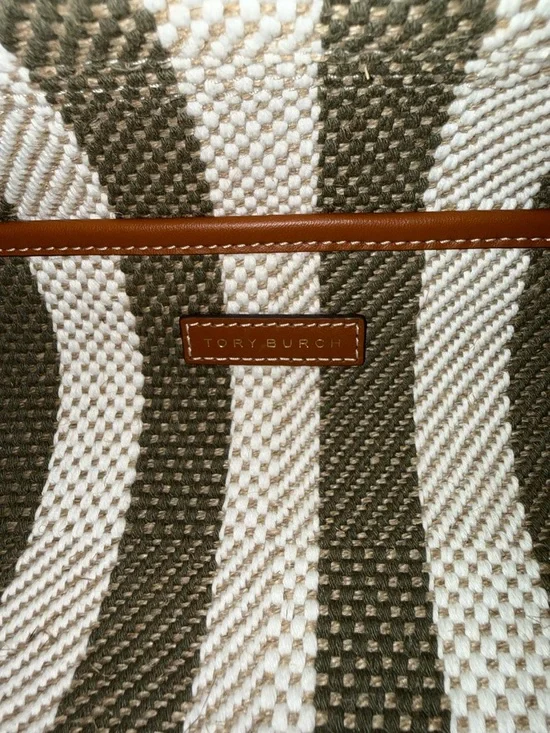 Tory Burch Blake Grove Green & White Striped Canvas Tote Cognac Leather Trim - Picture 13 of 14